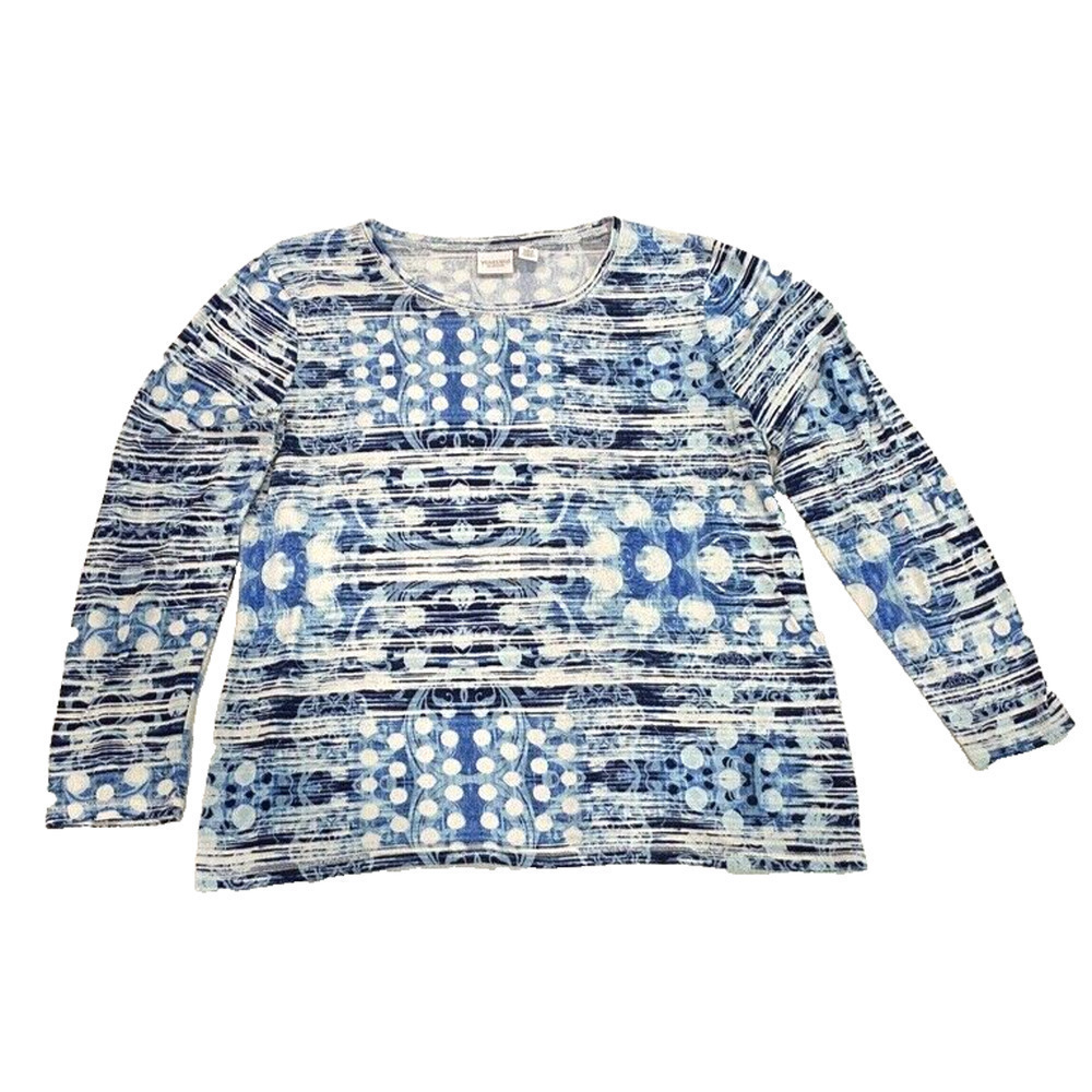 Chico's weekend- women's size 3 long sleeve blue & white knit top / blouse XL